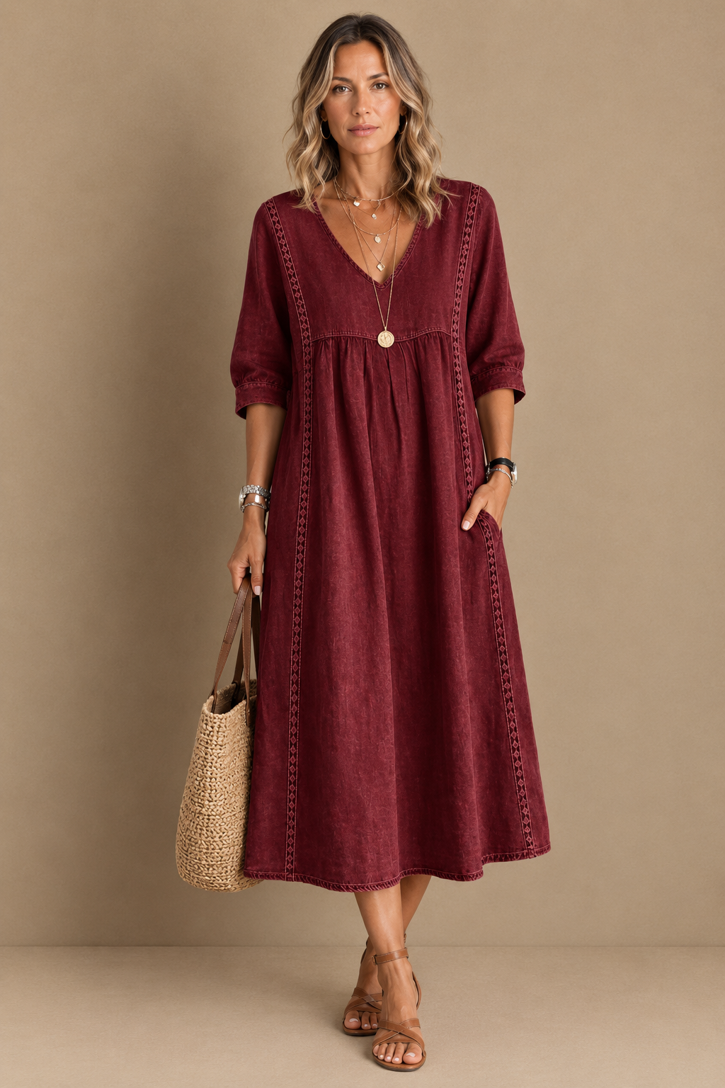 Nala - Vestido con Cuello en V y Ribete de Encaje