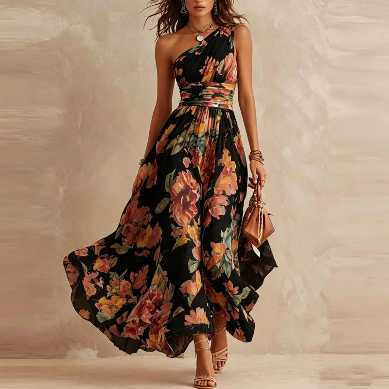 Gabriela - Vestido Largo De Un Solo Hombro Con Estampado Floral