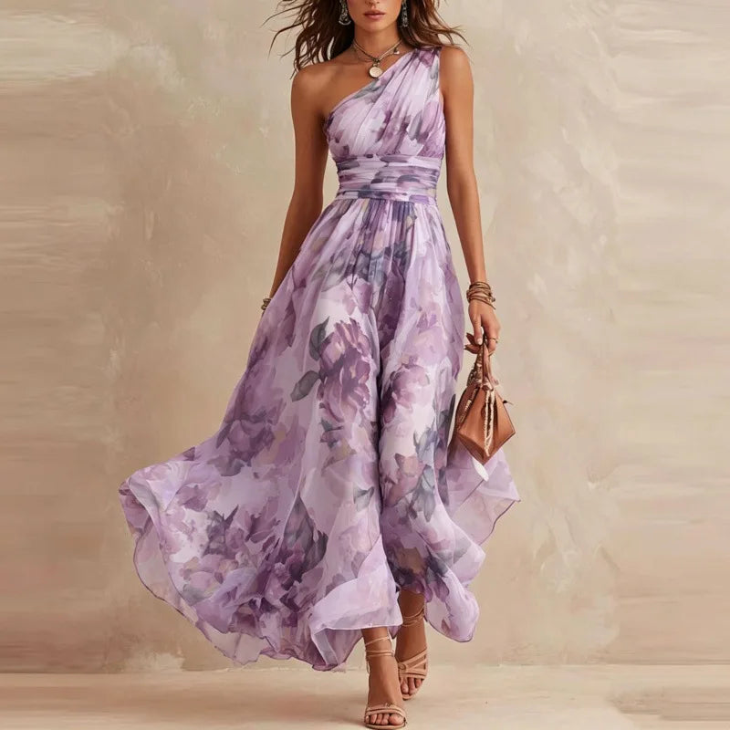Gabriela - Vestido Largo De Un Solo Hombro Con Estampado Floral