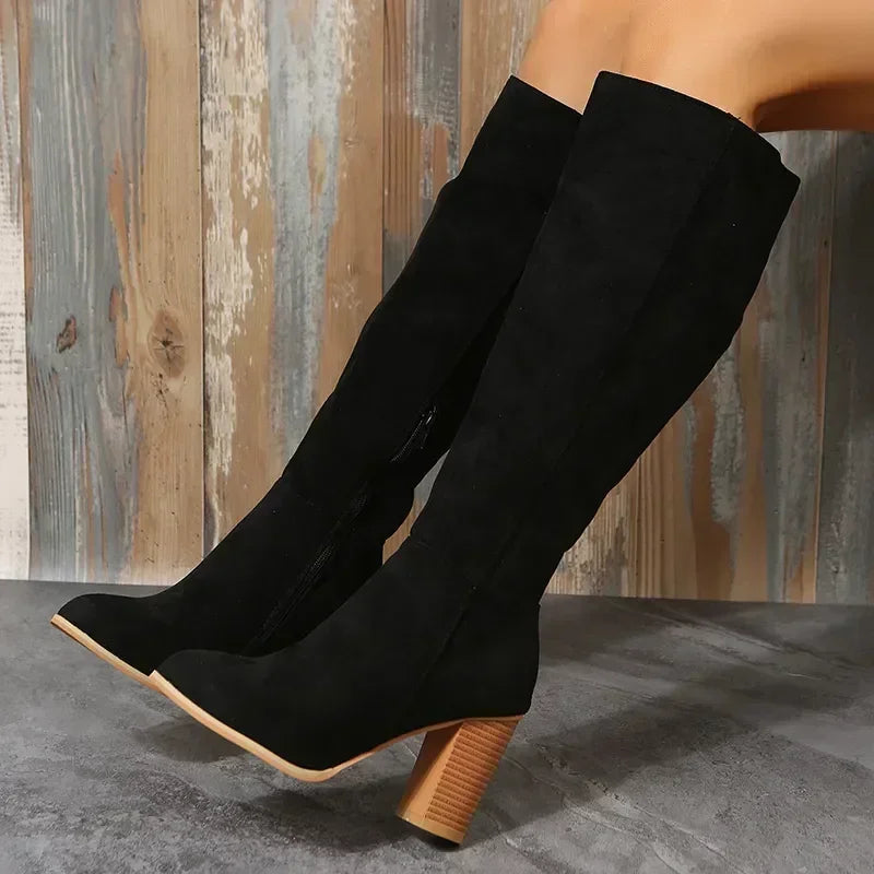 SA - Bota Alta de Ante Tacón de Bloque (8cm)