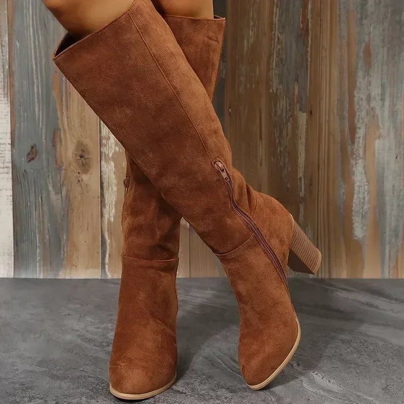 SA - Bota Alta de Ante Tacón de Bloque (8cm)