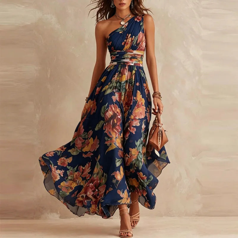 Gabriela - Vestido Largo De Un Solo Hombro Con Estampado Floral